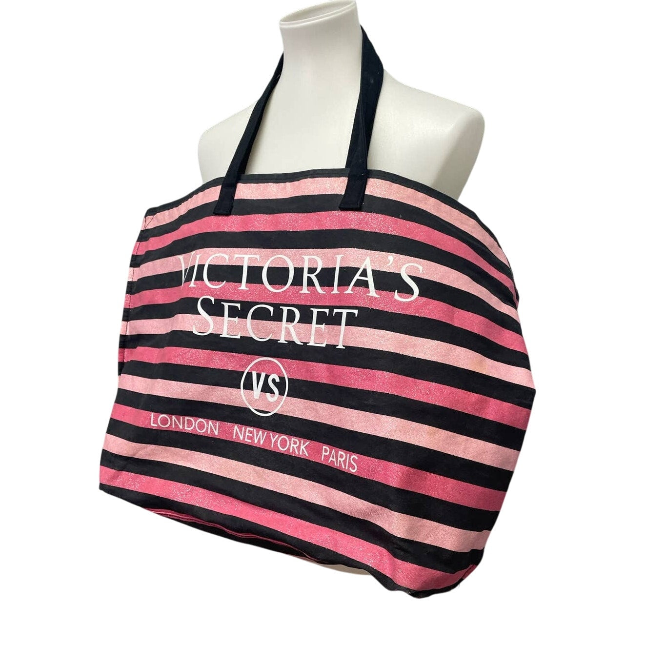 Victoria's Secret Black Pink Glitter Striped Zippered Tote Duffle Bag Long Strap