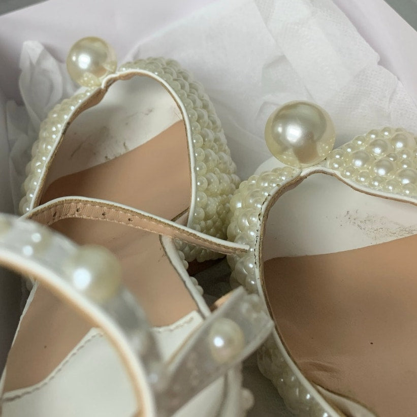 Goolita Womens Size 10.5 White Pearl Open Toe 5" Platform Heel Ankle Strap Shoes