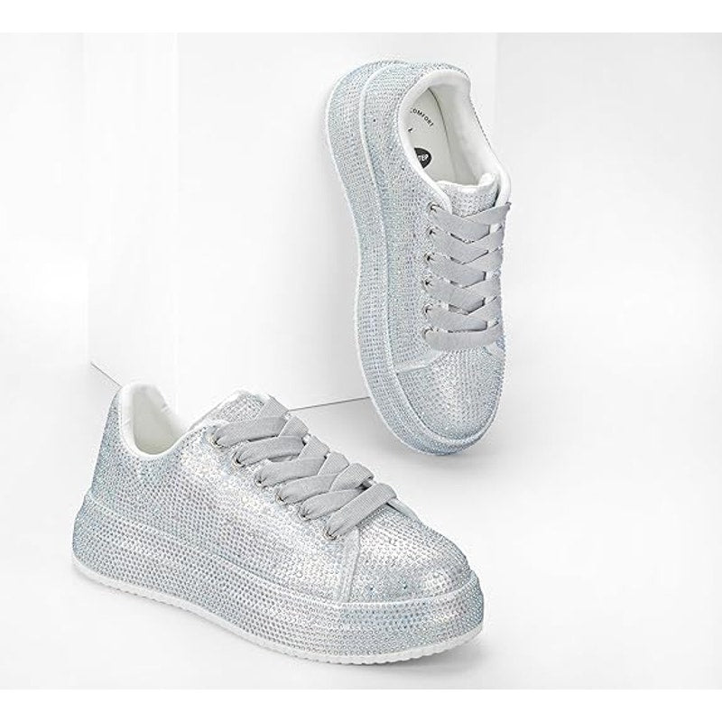 Lucky Step Womens Size 8 Silver Rhinestone Lace Up 1.5" Platform Sneakers Shoes