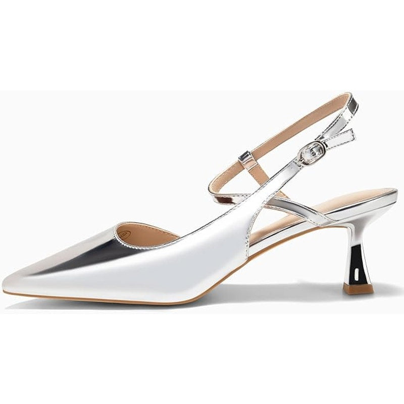 Lnsshee Womens Size 9 Shiny Silver 3" Low Kitten Heel Pointy Toe Slingback Shoes