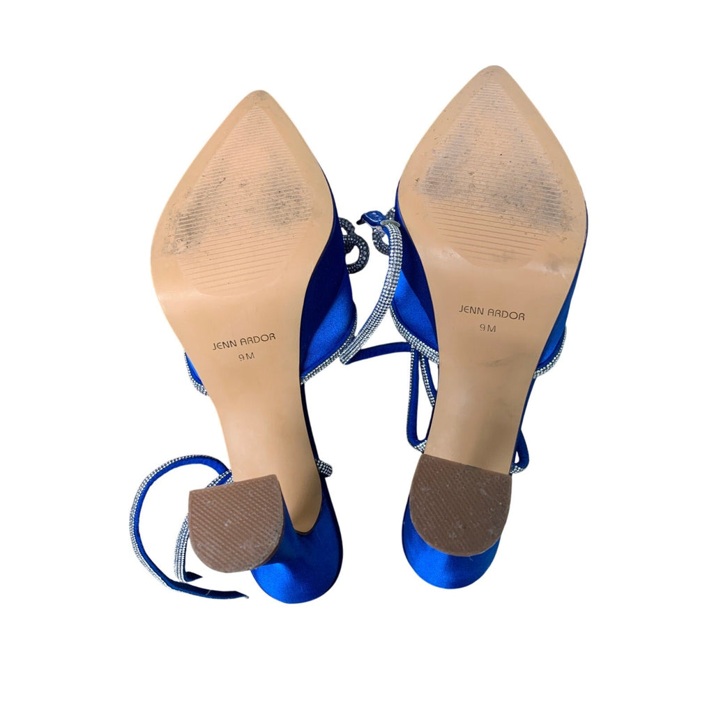 Jenn Ardor Womens Size 9 Blue Silver Bow 5" Heel Closed Toe Ankle Strap Shoes