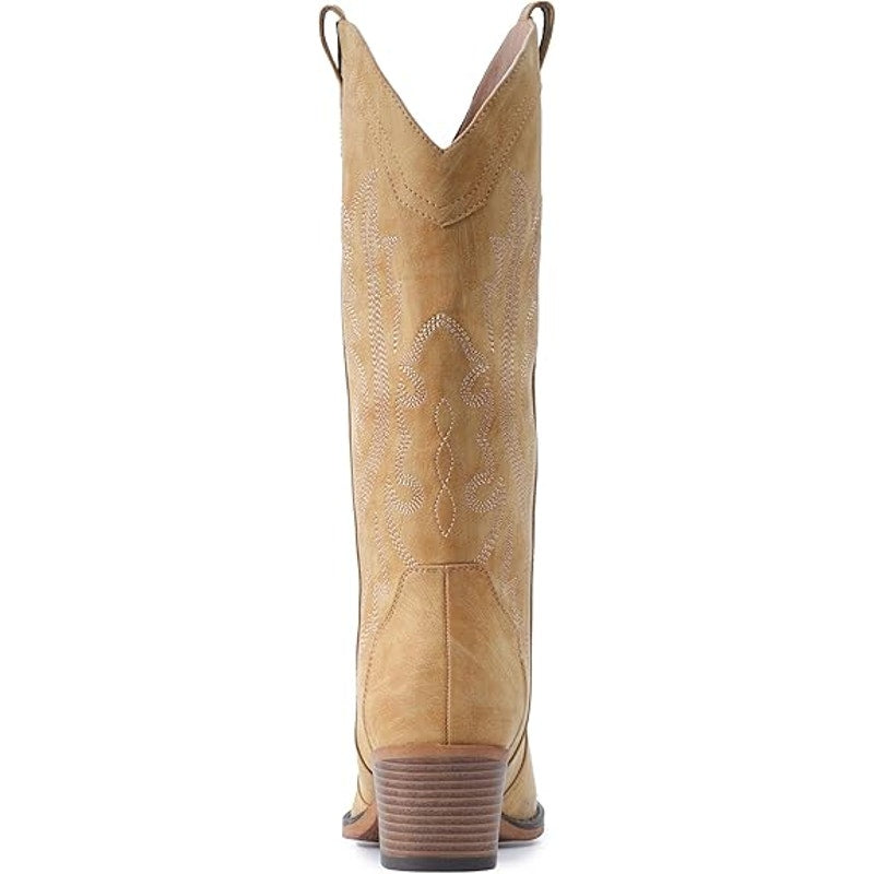 IUV Womens 9.5 Tan 2" Chunky Heel Western Cowgirl Boots Mid Calf Snip Toe Shoes