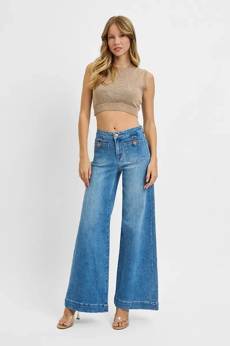 RISEN Jeans - Plus Size Mid Rise Wide Front Patch Pocket Jeans
