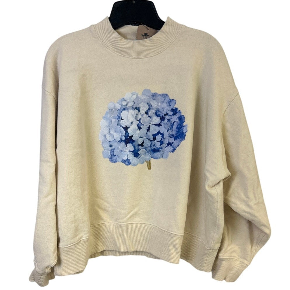 Upcycled Hand Printed Womens Large Blue Hydrangea Floral Long Sleeve Sweatshirt