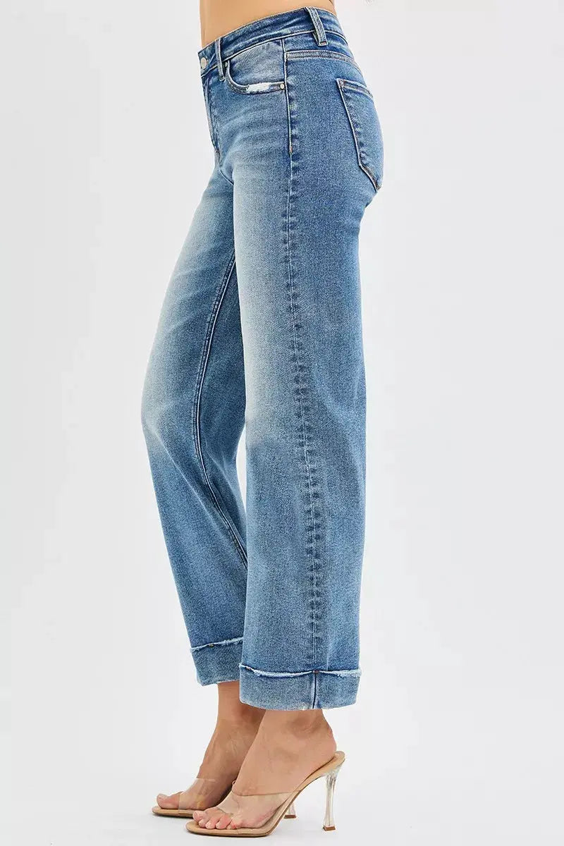 RISEN Jeans - Full Size Mid Rise Crop Straight Jeans with Taylor Cuffed Jeans