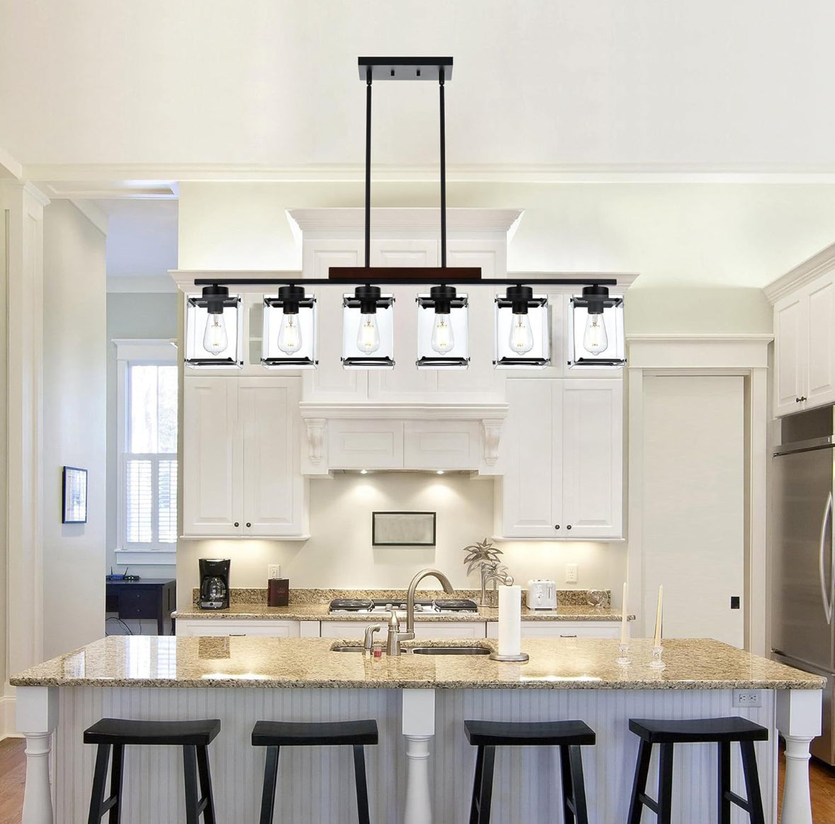 TULUCE 6 Light Farmhouse Chandelier Lighting Vintage Pendant Lighting Clear Glass Shade Flush Mount Lighting Fixture Black Pendant Lamp for Entryways,