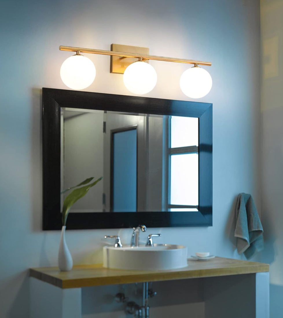 Gold Bathroom Vanity Light Fixtures,3 Lights Brass Milk White Globe