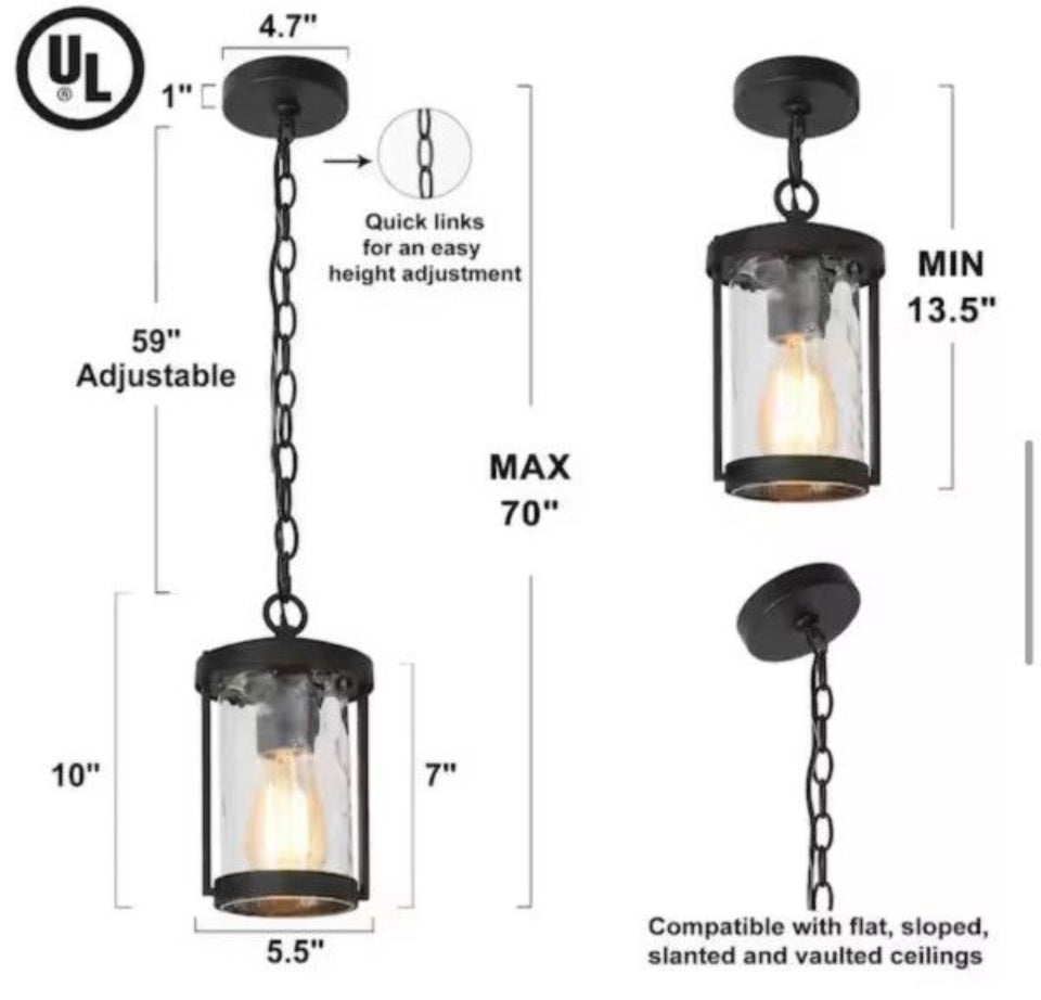 Open Box Uolfin Modern Cylinder Outdoor Porch Pendant Light 1-Light Matte Black Farmhouse Patio Hanging Light with Water Glass Shaded