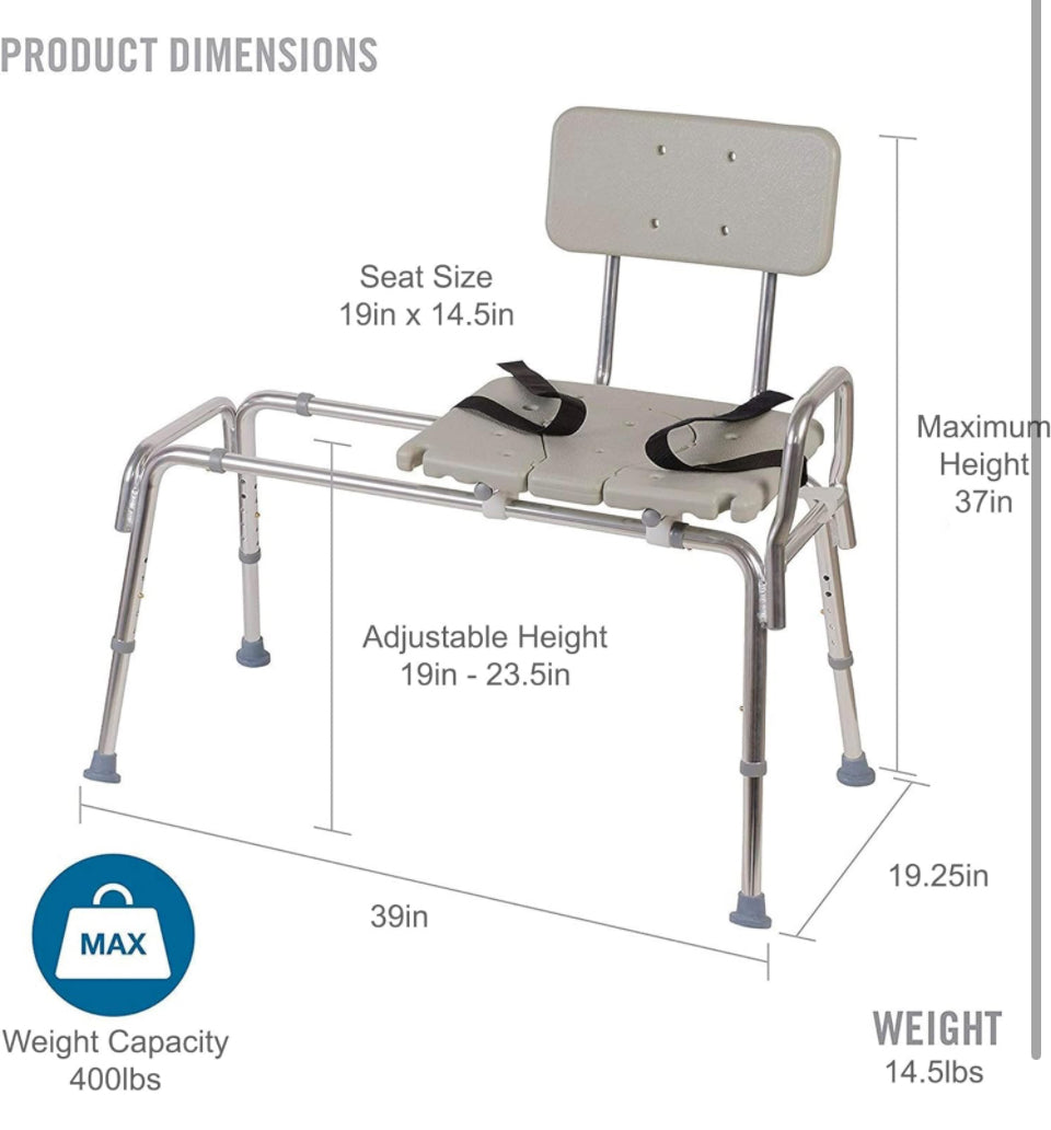 DMI Tub Transfer Bench and Shower Chair with Non Slip Aluminum Body, FSA Eligible, Adjustable Seat Height and Cut Out Access, Holds Weight up to 400 L