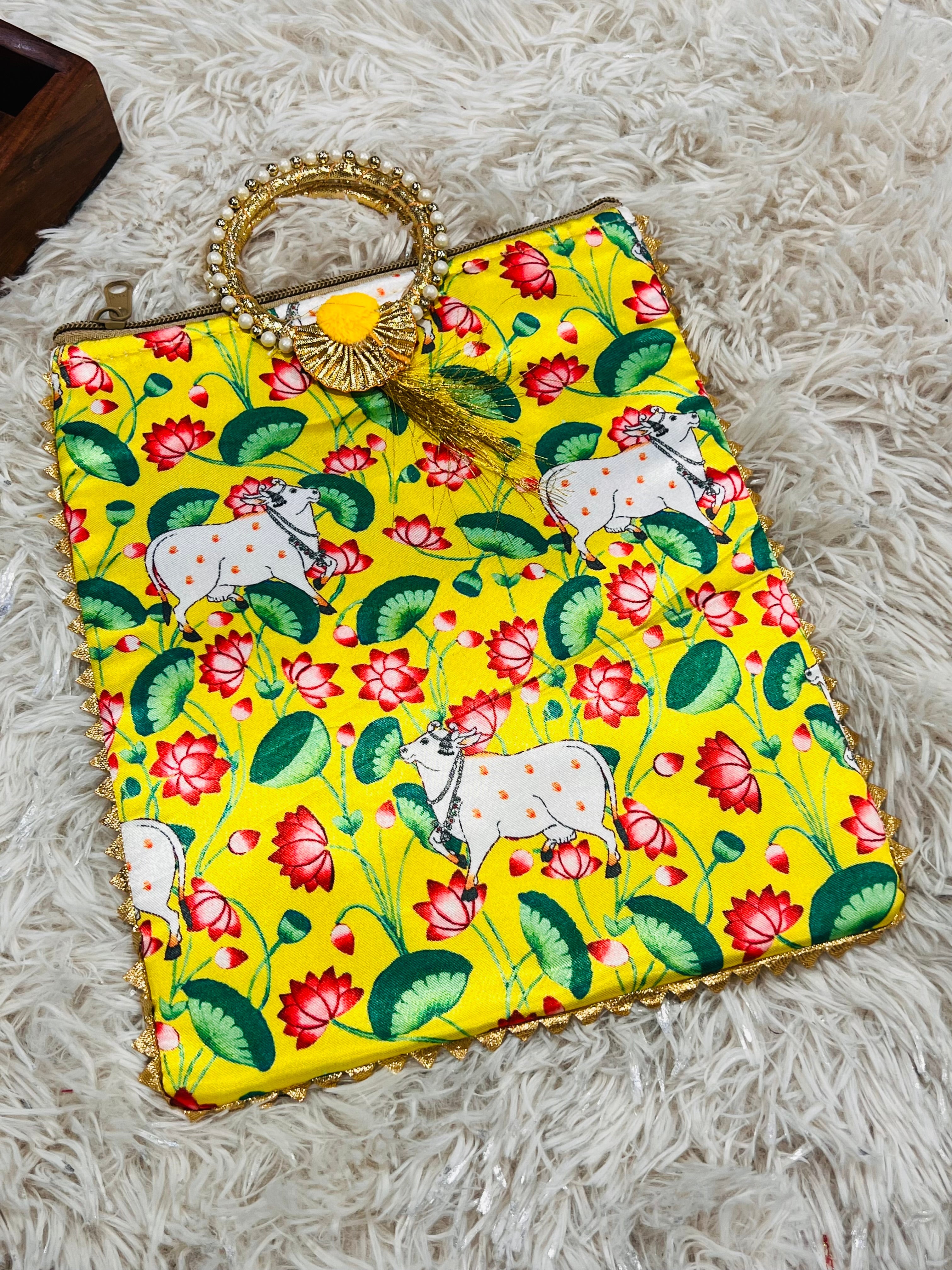 Handmade Yellow Pichwai Cow Print Potli Bag | Indian Ethnic Clutch with Pearl Handle | Festive Wedding Gift
