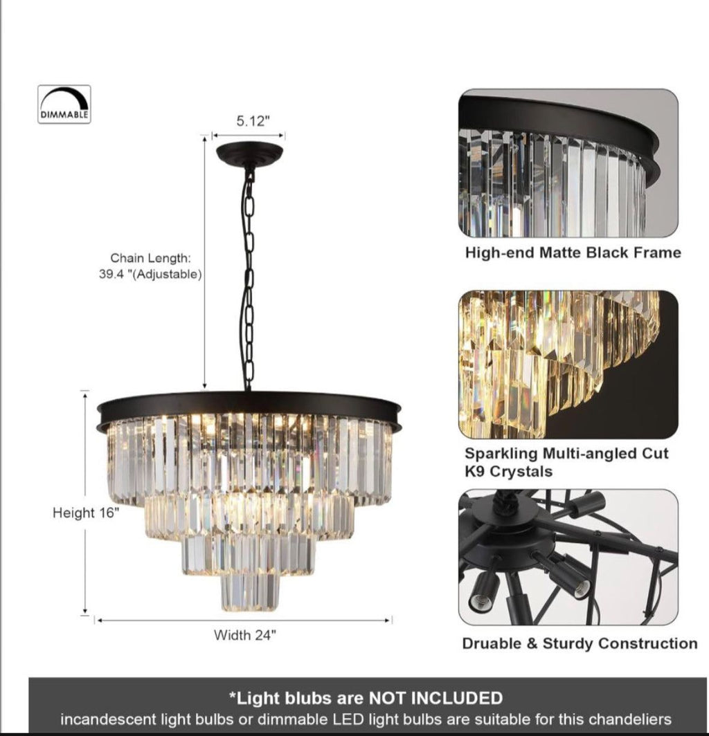 A AXILIXI Modern Crystal Chandeliers 24" Round Top K9 Crystals Chandelier Adjustable Ceiling Light Fixture 4-Tier K9 Crystal Pendant Lamp 12-Light for