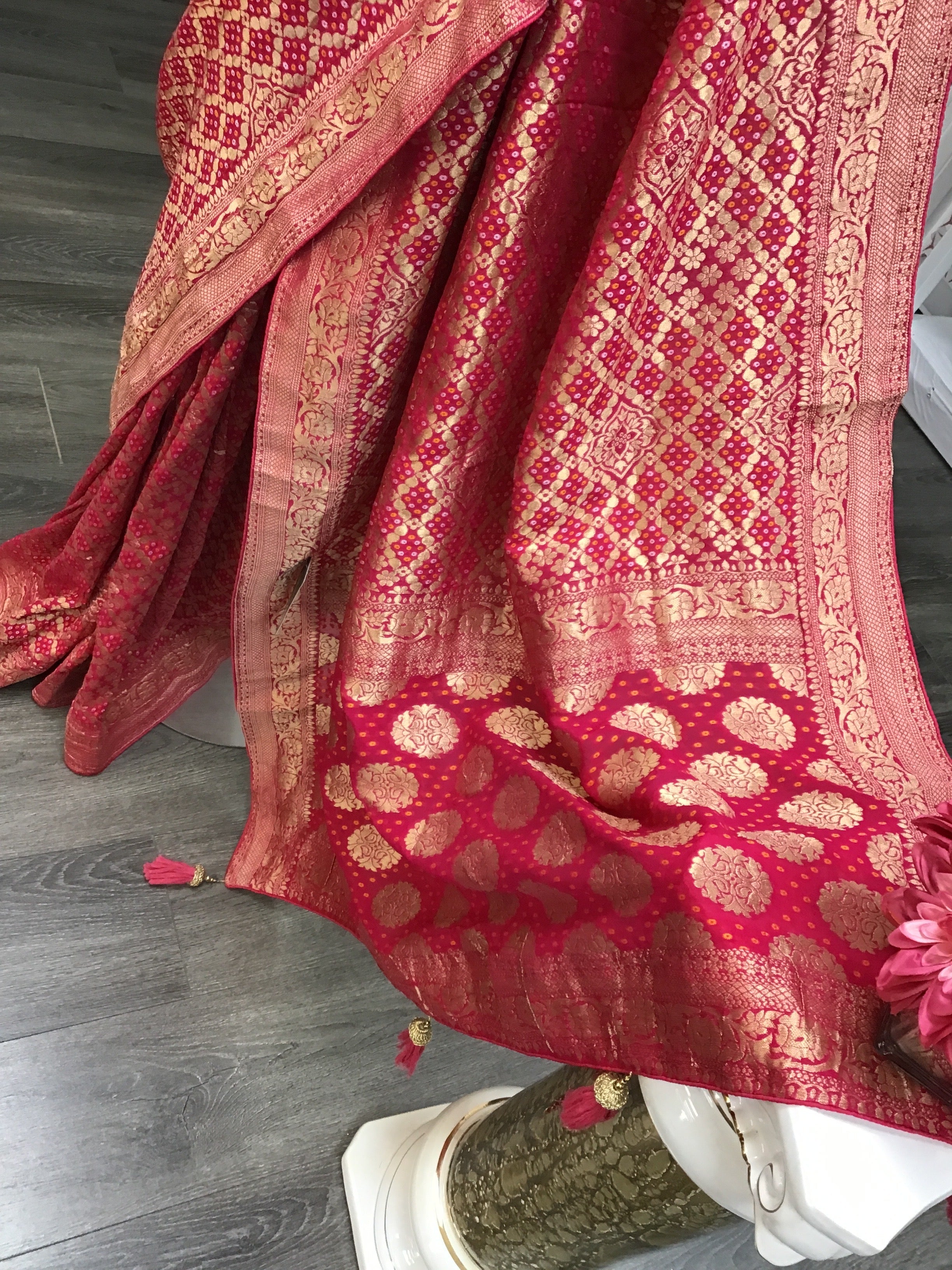 Dark pink  banarasi bandhini saree