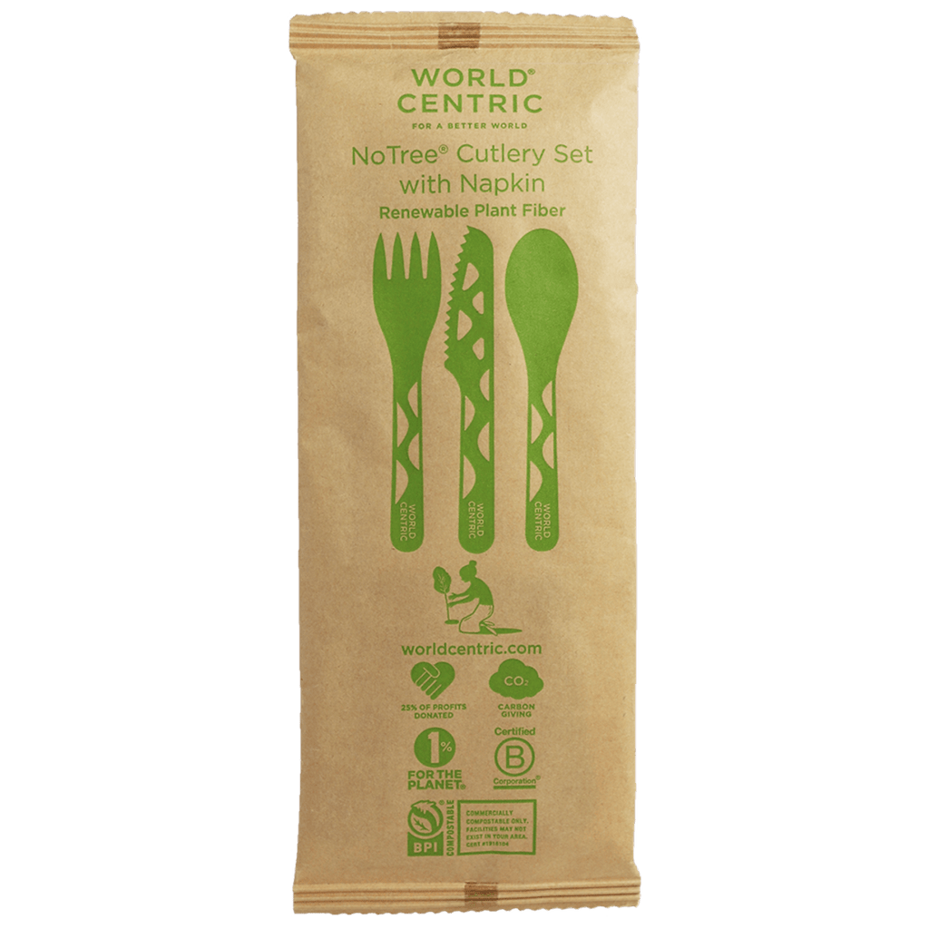 World Centric 6” Wrapped Fiber Cutlery Set: Fork, Knife, Spoon, Napkin (QTY:250)