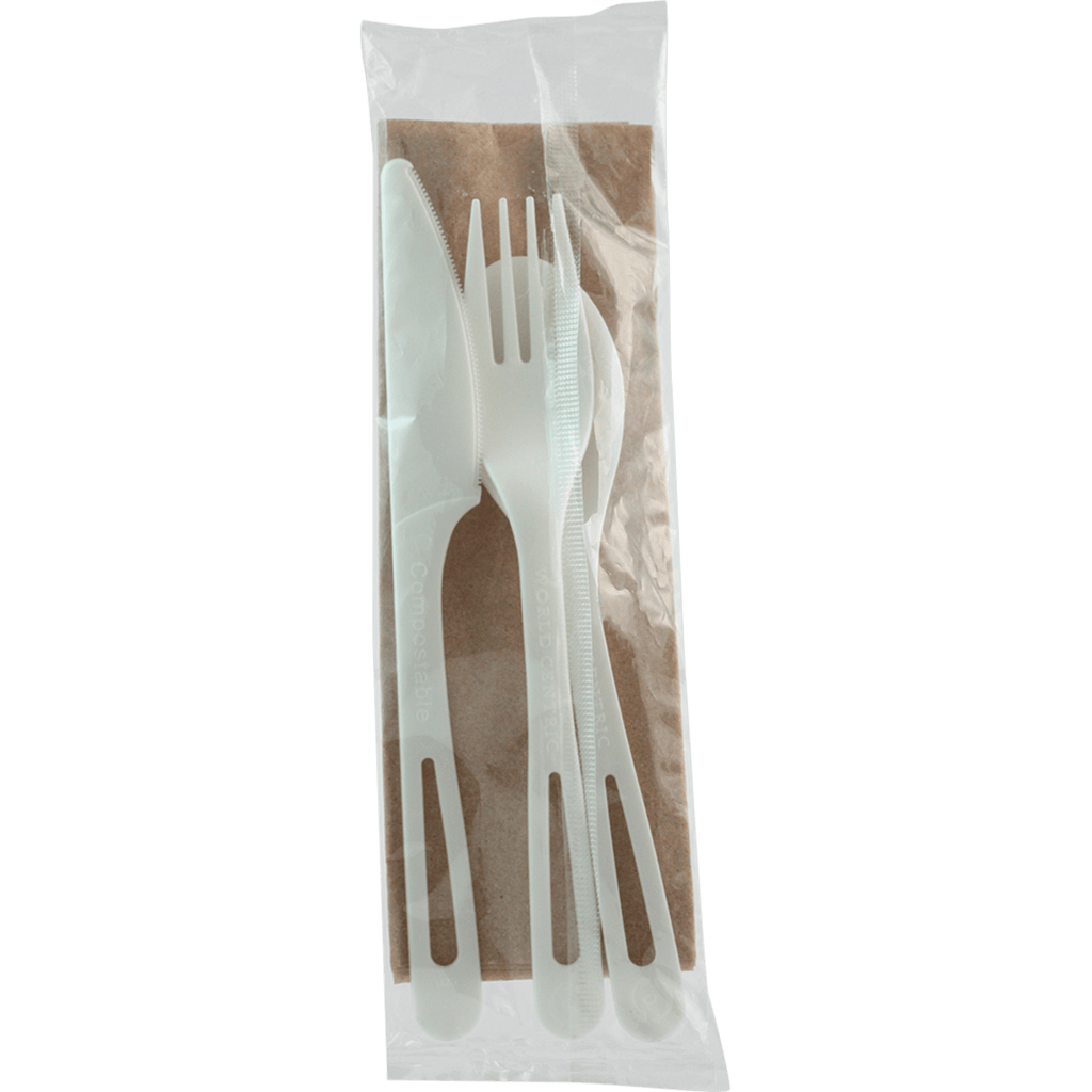World Centric TPLA Cutlery Kit (Fork, Knife, Spoon, Napkin), 6 in (QTY 250), SKU AS-PS-TN