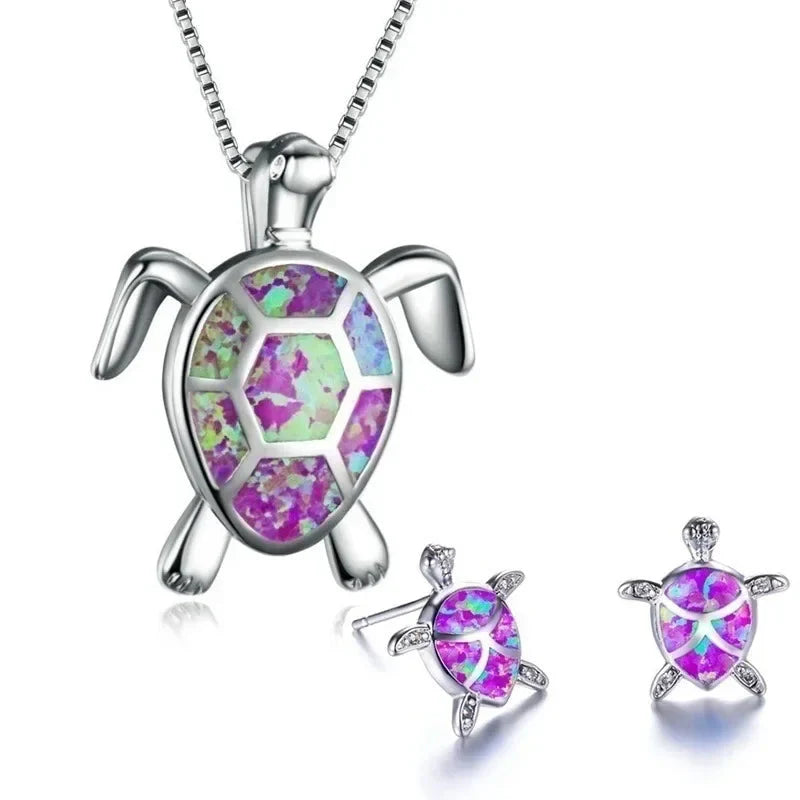 Classic Cute Sea Turtle Necklace Earrings Trendy Animal Fire Opal Stud Earring For Women Boho Summer Beach Set  Custom Jewelry