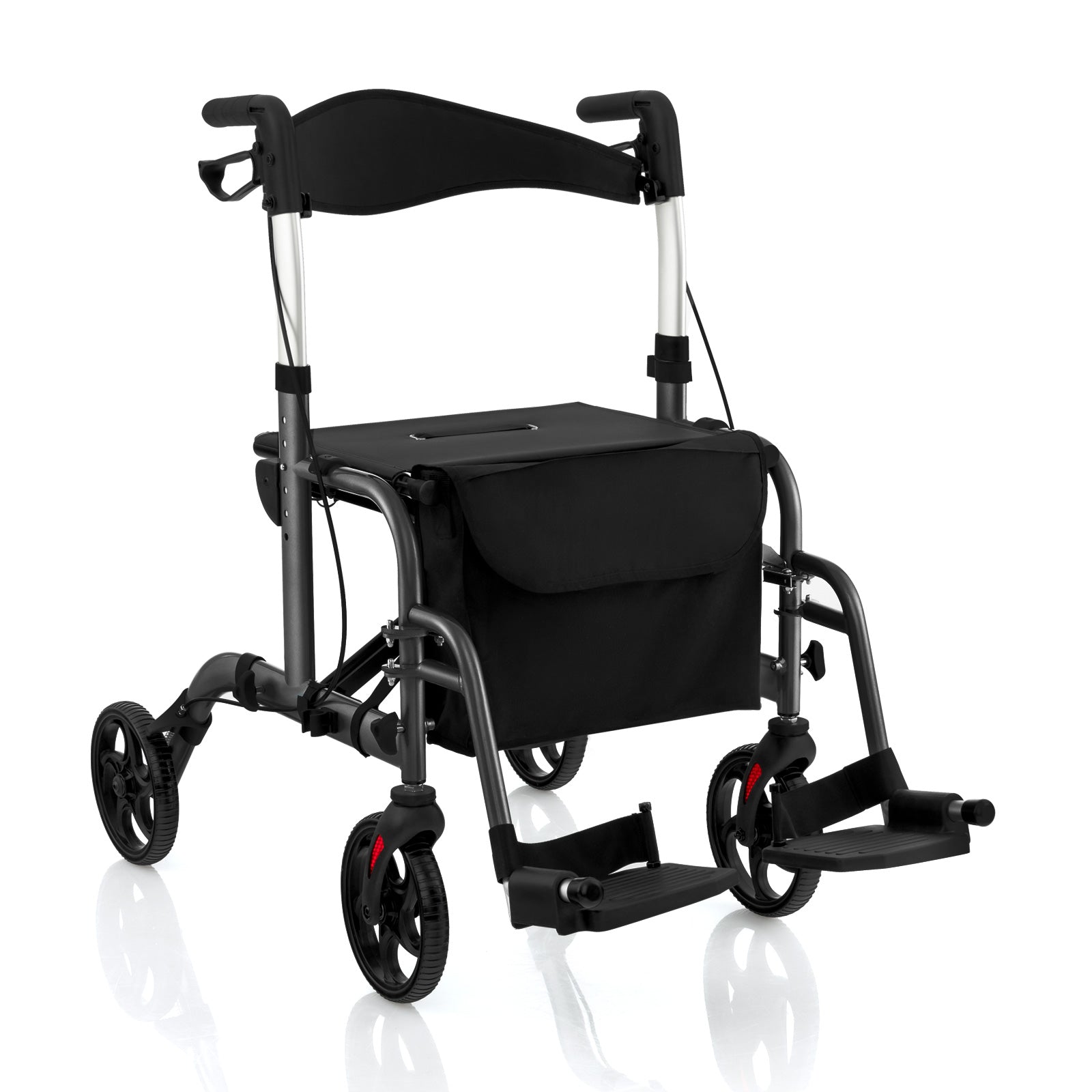 2-in-1 Adjustable Folding Handle Rollator Walker with Storage Space-Black