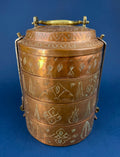 Antique 19th-century Copper and Brass Turkish 4 Stacking Bowls Lunch Box with Handle. Vintage Gifts.