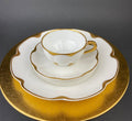 Antique Limoges Porcelain Tea Set/Trio. Tea Cup, Saucer and Salad Plate. White China with Scalloped Gold Rim, Theodore Haviland, France.