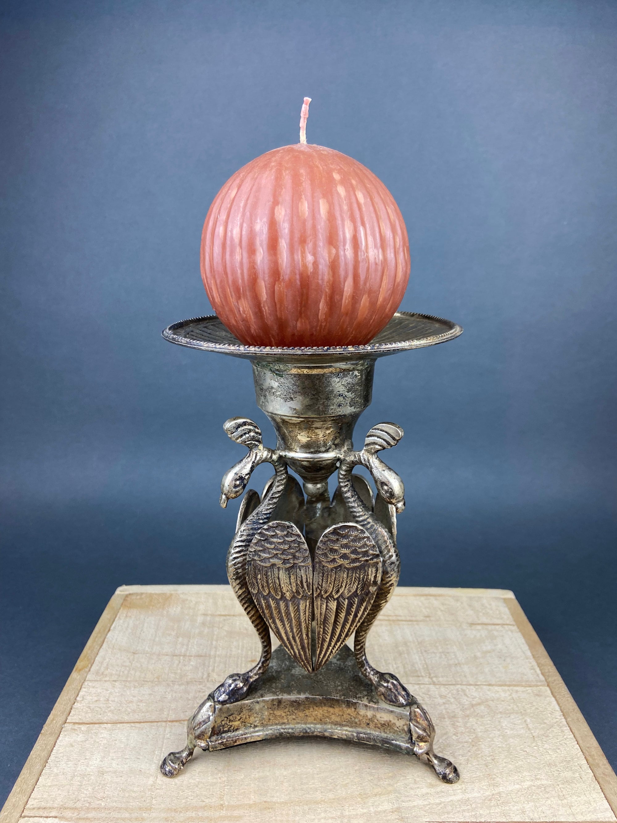 Antique Silver Plated Pillar Candle Holder with Peacocks