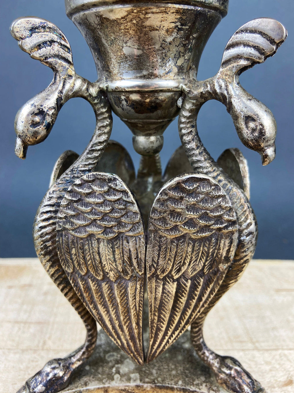 Antique Silver Plated Pillar Candle Holder with Peacocks