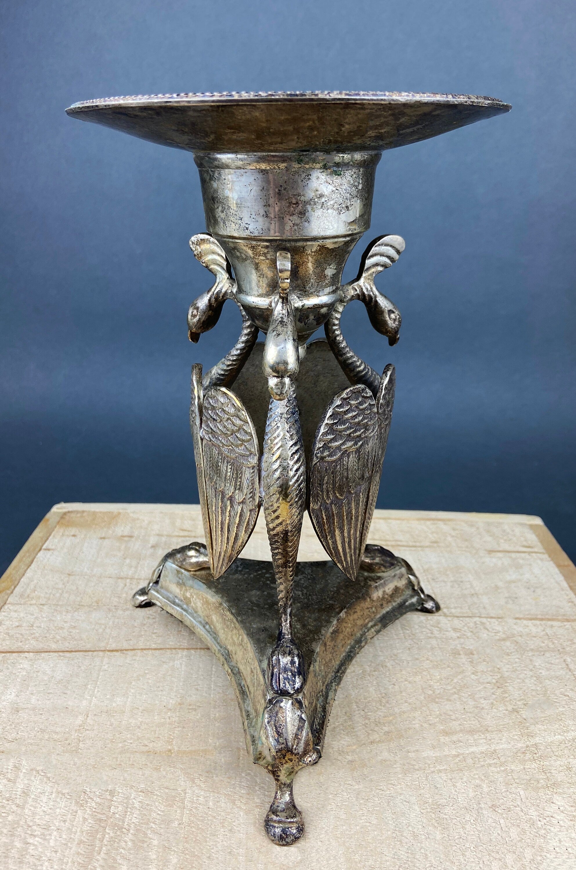Antique Silver Plated Pillar Candle Holder with Peacocks