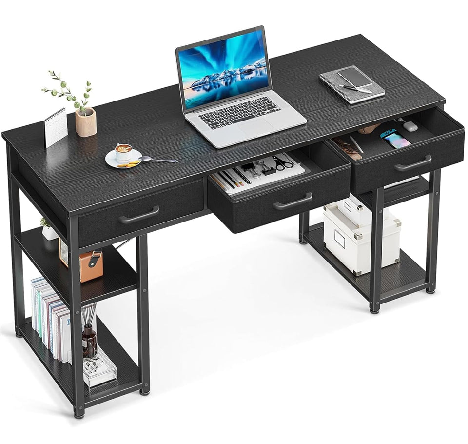 Open Box "ODK Office Small Computer Desk: Home Table with Fabric Drawers & Storage Shelves, Modern Writing Desk, Black, 48""x16"""