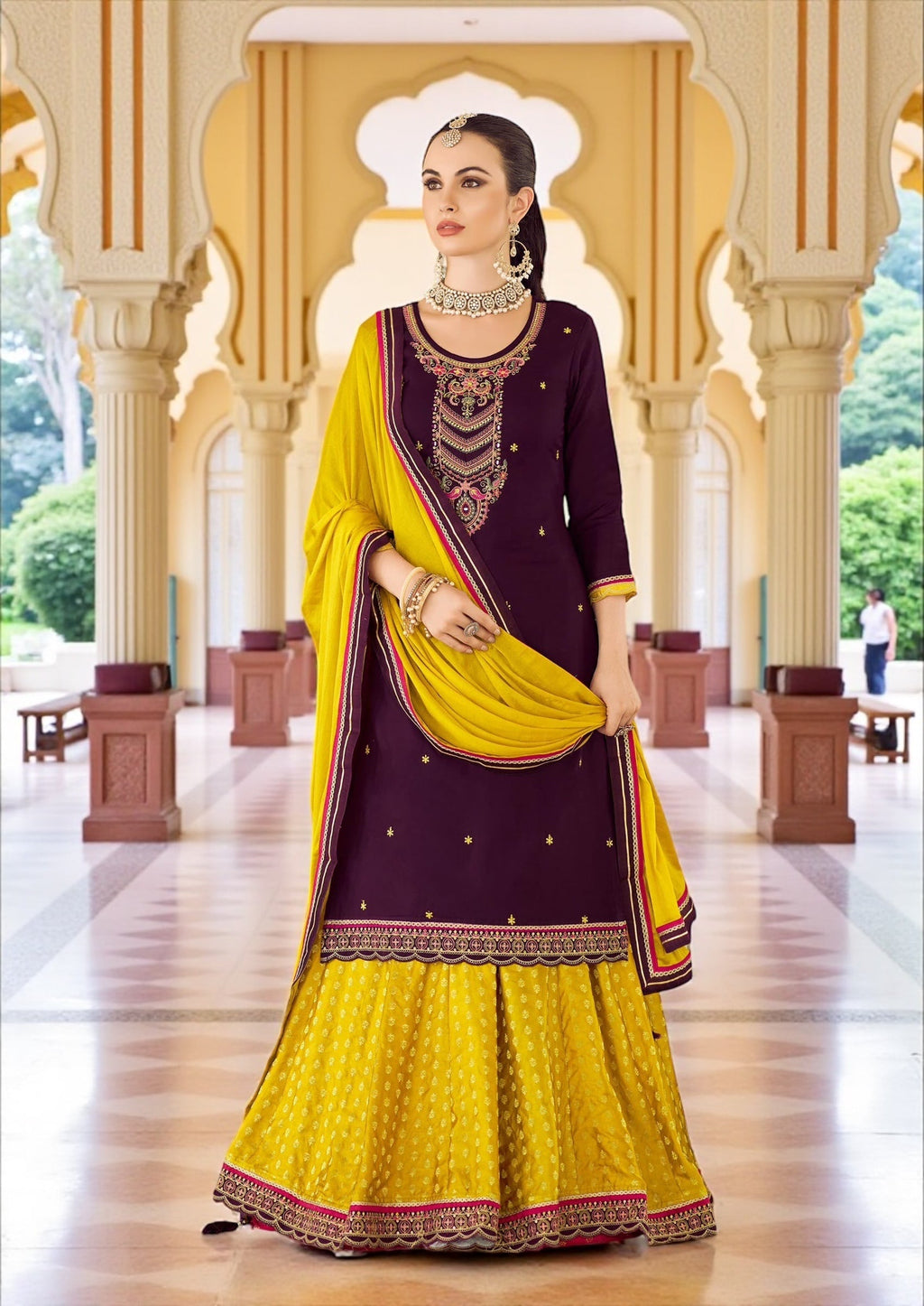 Purple : Modal silk Kurti with banarasi skirt