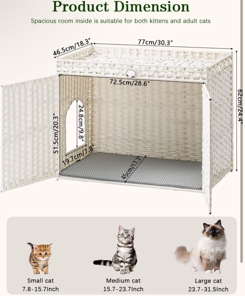Brand New SETVSON Cat Litter Box Enclosure Furniture, Handwoven Rattan Hidden Litter Box with Mat, Large Space Cat House with
2 S-Shaped Hooks 30.3 x 18.3 x 24.4 Inches, Indoor for Living Room Apartment White
PABLO