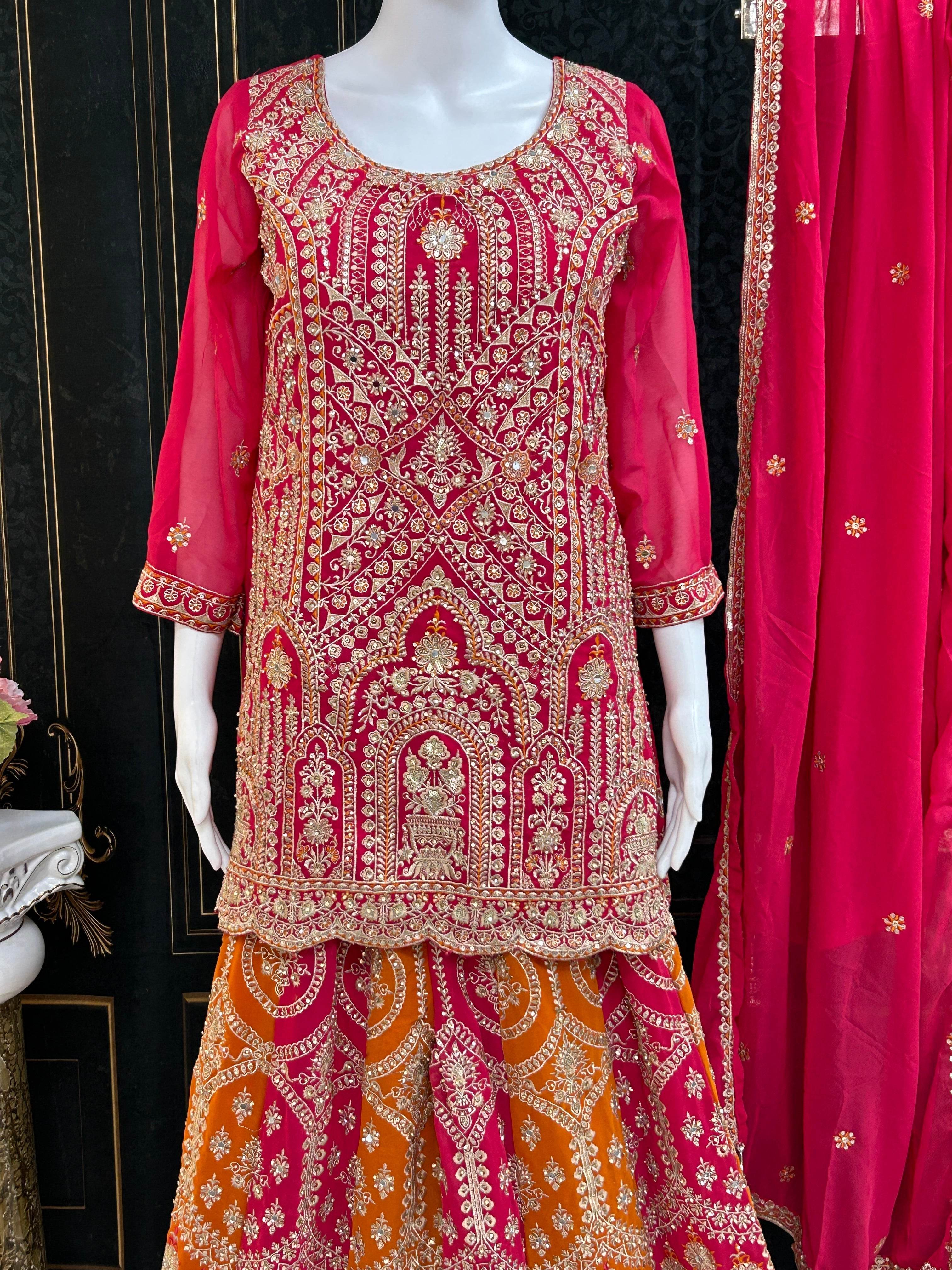 Dark pink sharara suit with heavy work