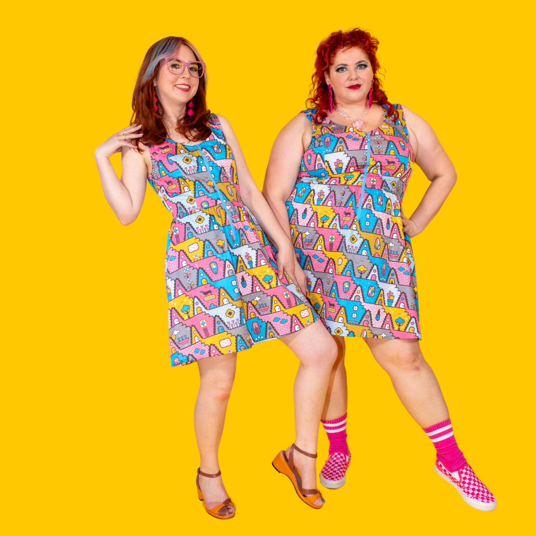 8-Bit A-Frames Fit & Flare Dress in Pretty Pastel