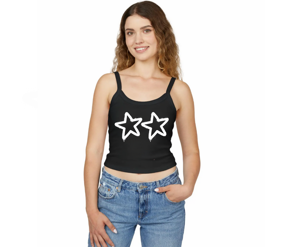 Customizable: 2 White Stars Graffiti Micro-Ribbed Cropped Tank