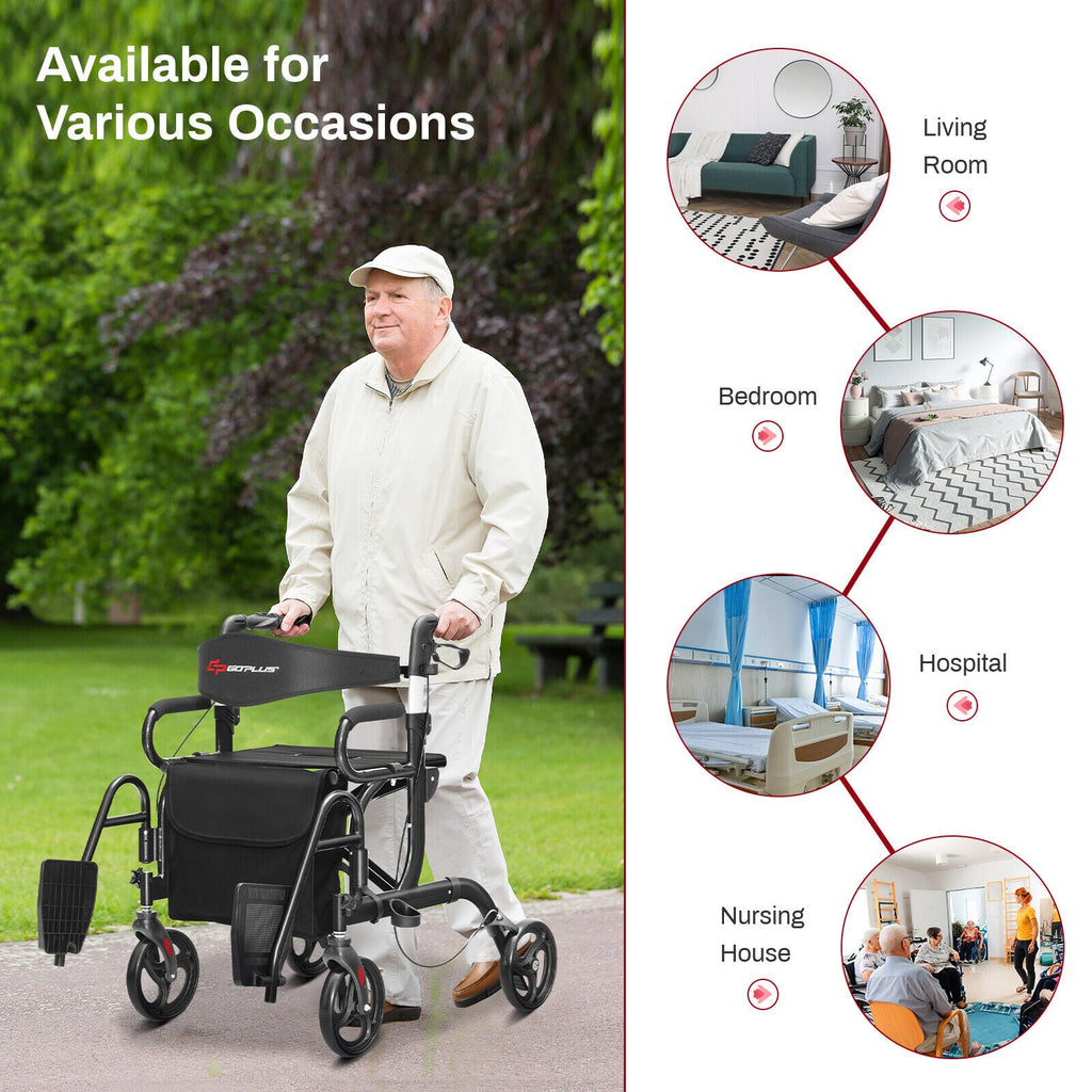 Folding Rollator Walker with 8-inch Wheels and Seat-Black