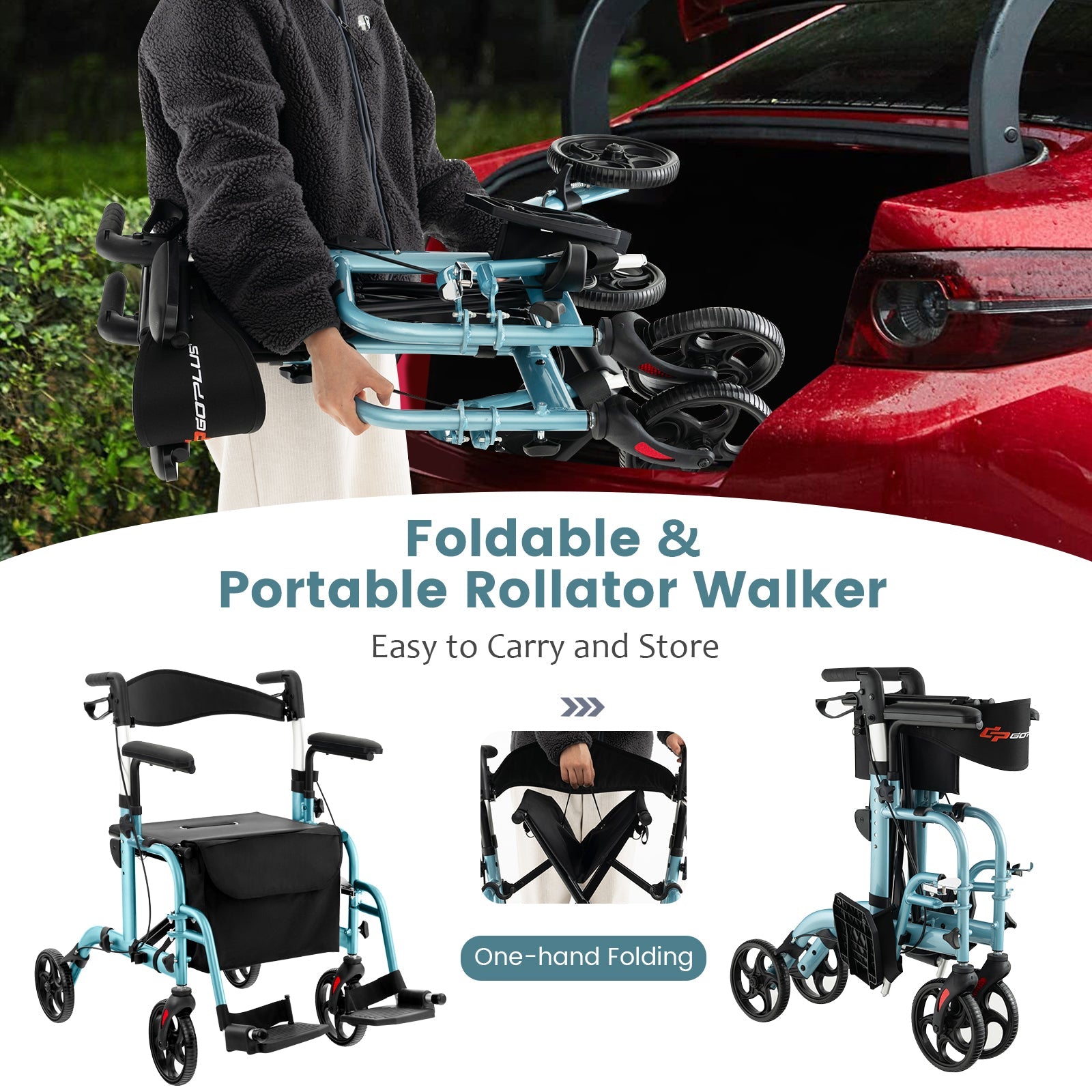 Folding Rollator Walker with Seat and Wheels Supports up to 300 lbs-Navy