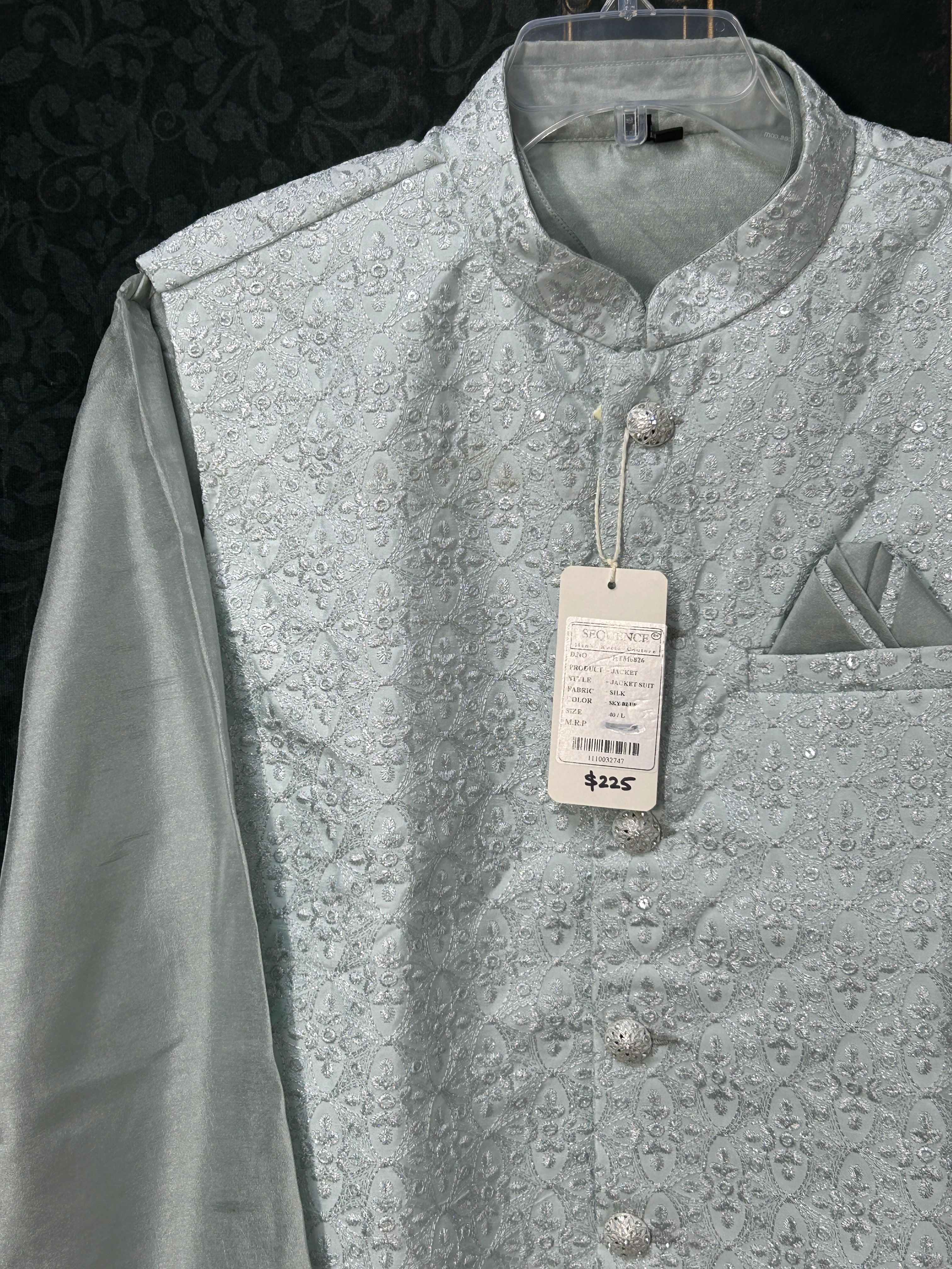 Light grey silk kurta set with jacket