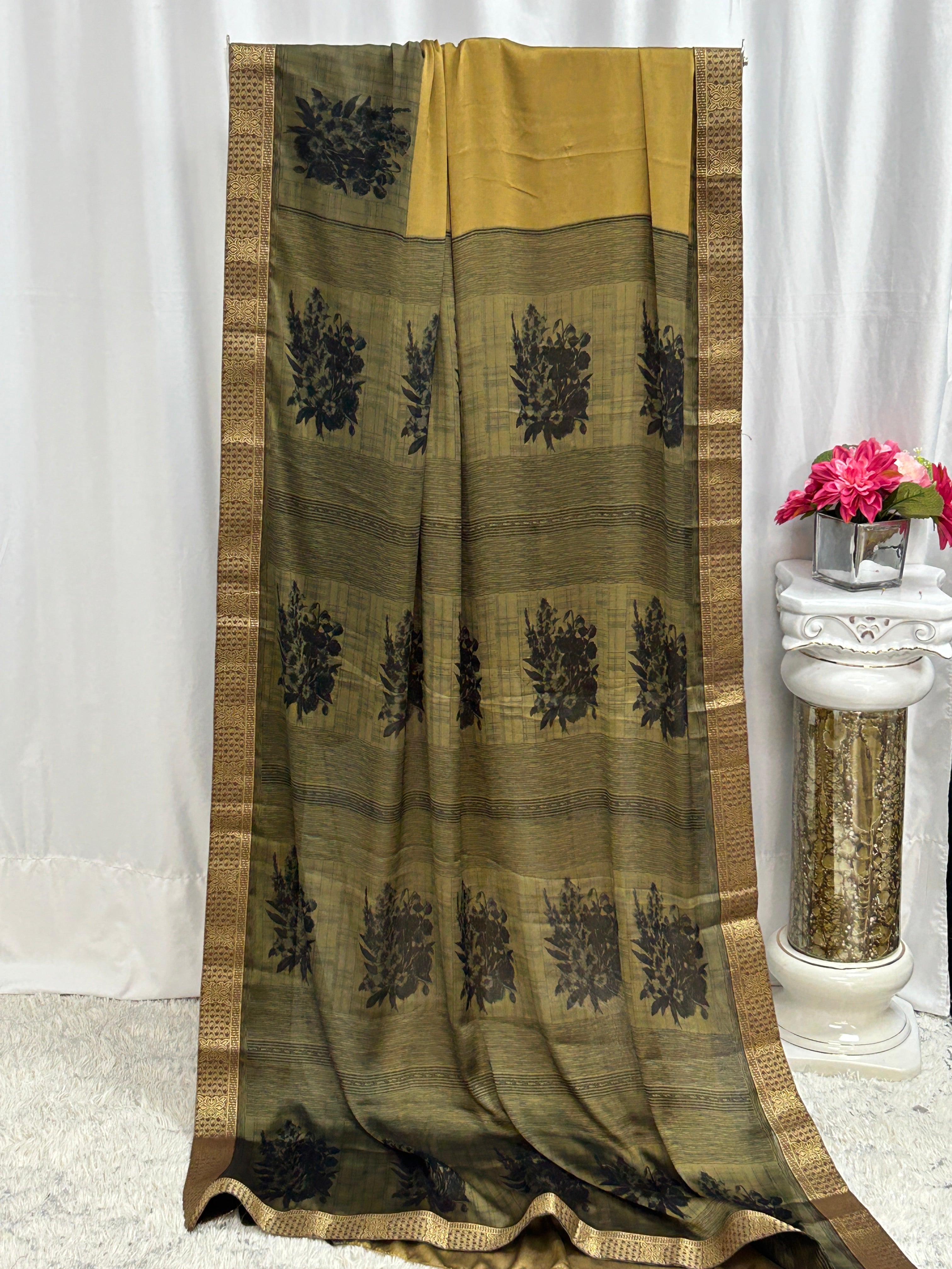 Printed Chiffon silk saree : fall pico done