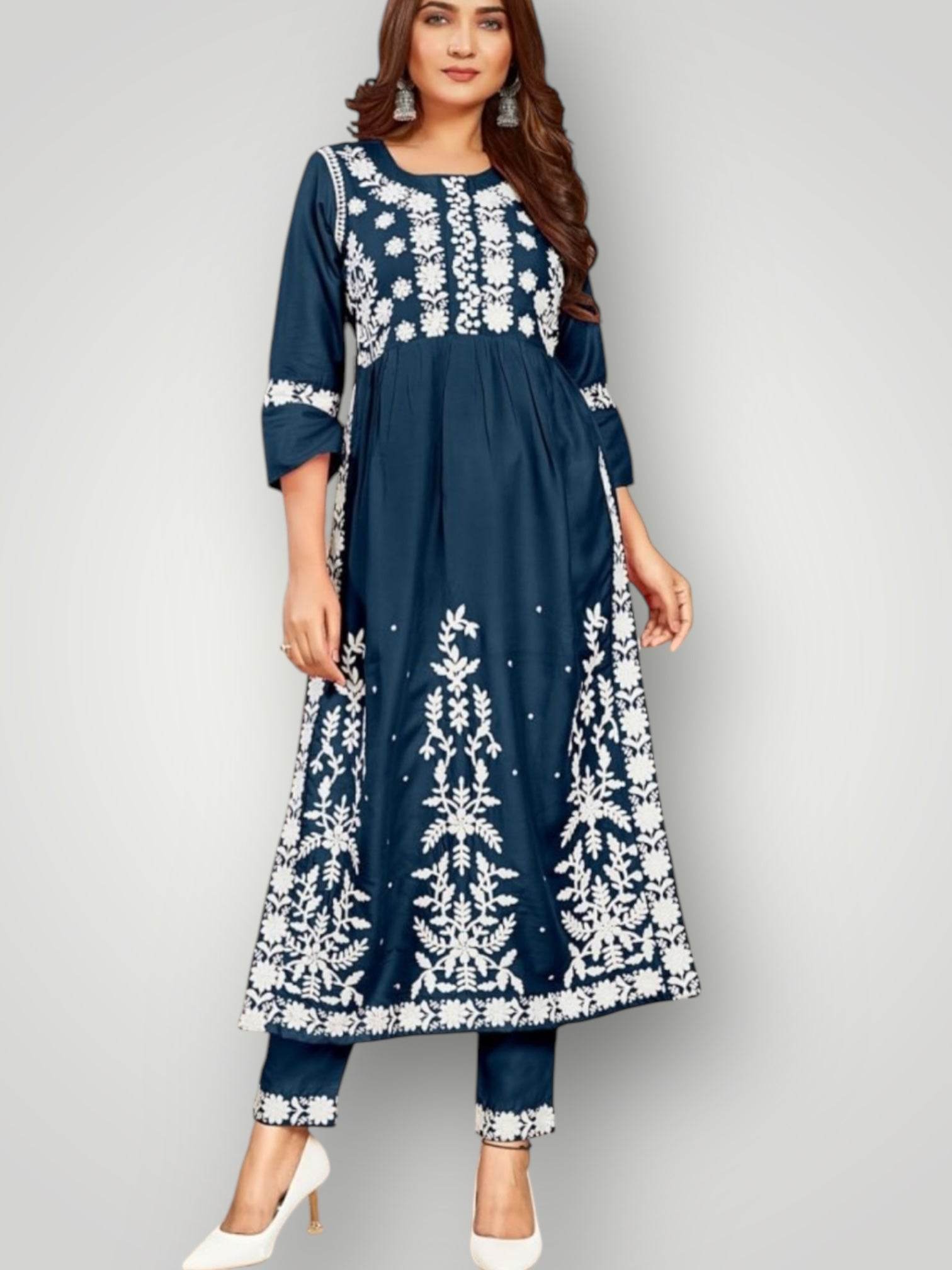 Rayon kurti pant set | chikankari work
