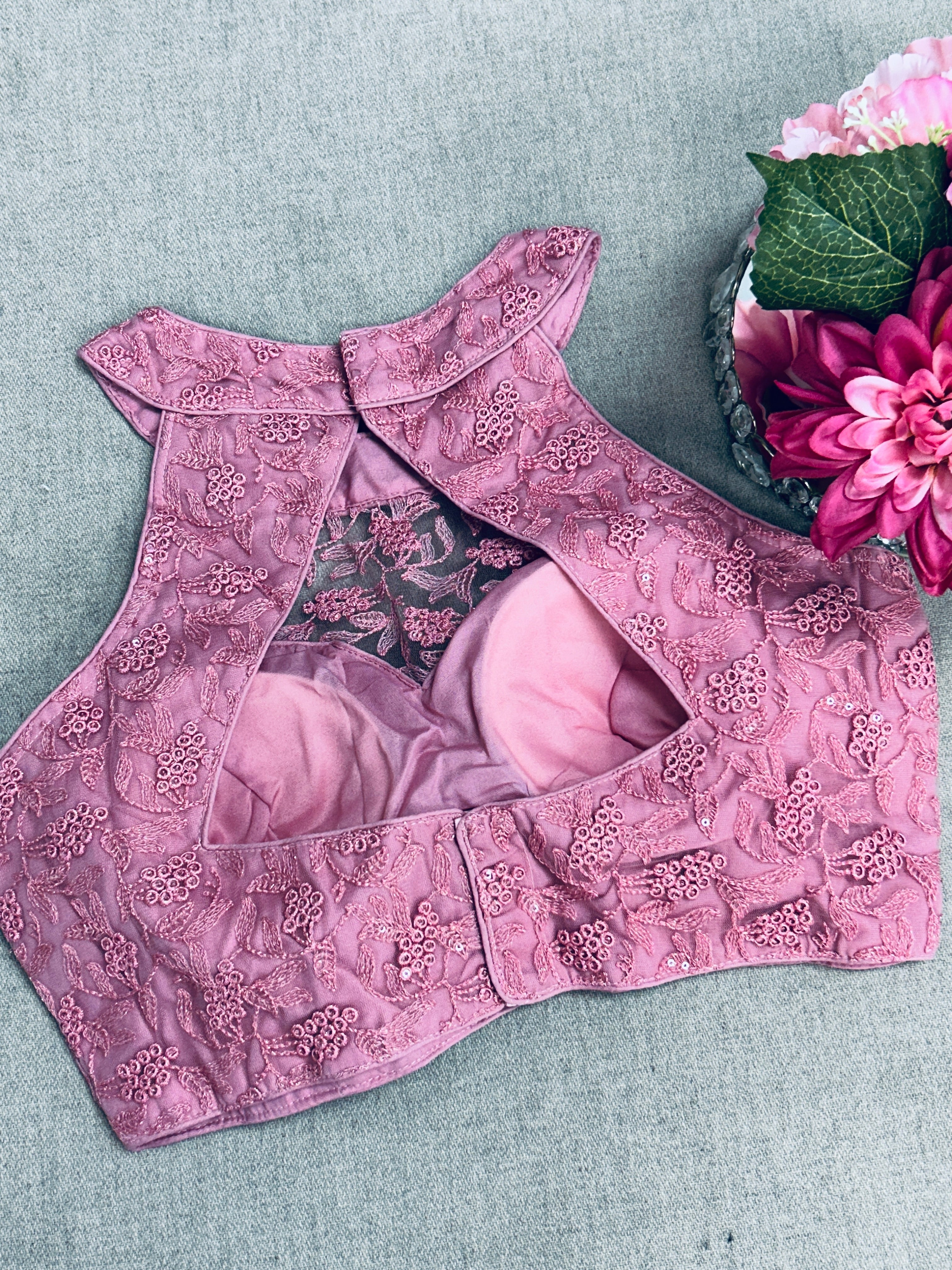 Pink : Halter neck embroidered blouse