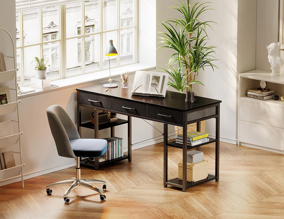 Open Box "ODK Office Small Computer Desk: Home Table with Fabric Drawers & Storage Shelves, Modern Writing Desk, Black, 48""x16"""
