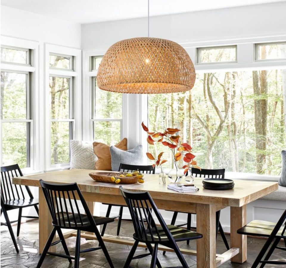 Teru Ji Kaikang Hand Woven Bamboo Pendant Light, 17.7"Bamboo Rattan Ceiling Hanging Light, for Living Room Kitchen Dining Room Farmhouse
