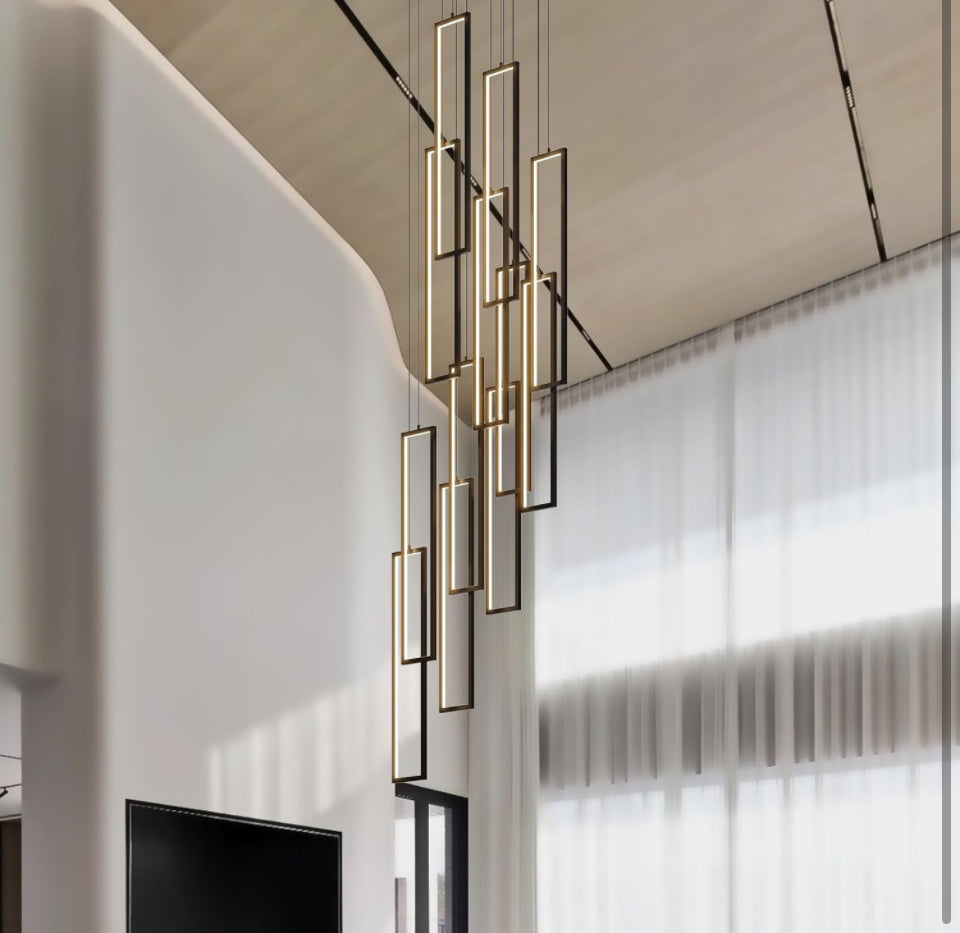 UPGENT Simple Modern LED Chandelier Stair Chandelier Dimmable 12 Ring Rectangular Chandelier high Door for Living Room lamp Hall lamp Remote Control