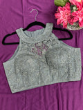 Grey : Halter neck embroidered blouse