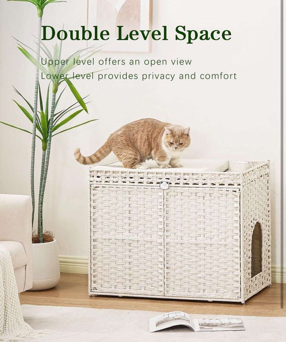 Brand New SETVSON Cat Litter Box Enclosure Furniture, Handwoven Rattan Hidden Litter Box with Mat, Large Space Cat House with
2 S-Shaped Hooks 30.3 x 18.3 x 24.4 Inches, Indoor for Living Room Apartment White
PABLO