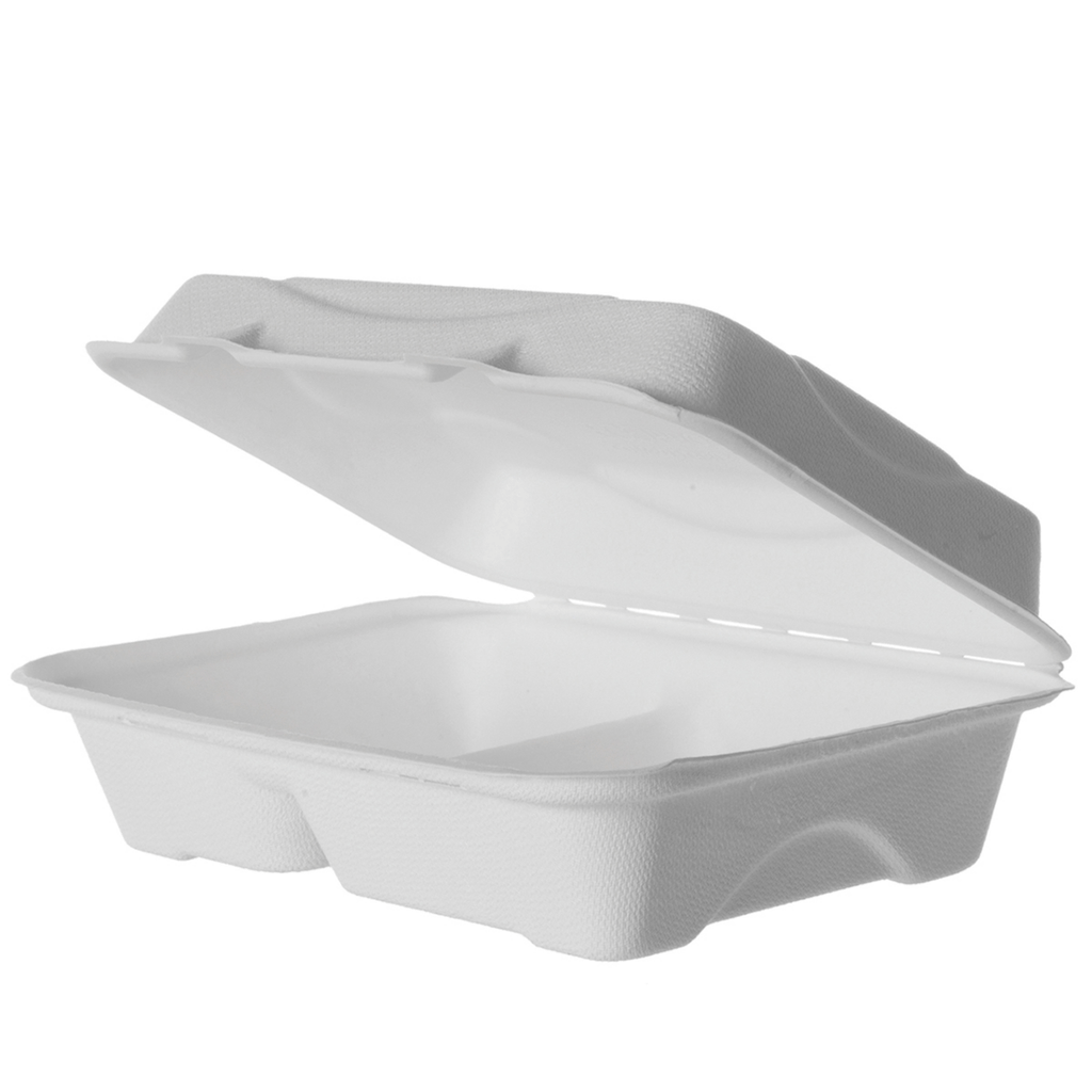 Eco-Products Vanguard Renewable & Compostable Sugarcane 2-Compartment Clamshell, 9 x 6 x 3 in (QTY 250), SKU EP-B002NFA