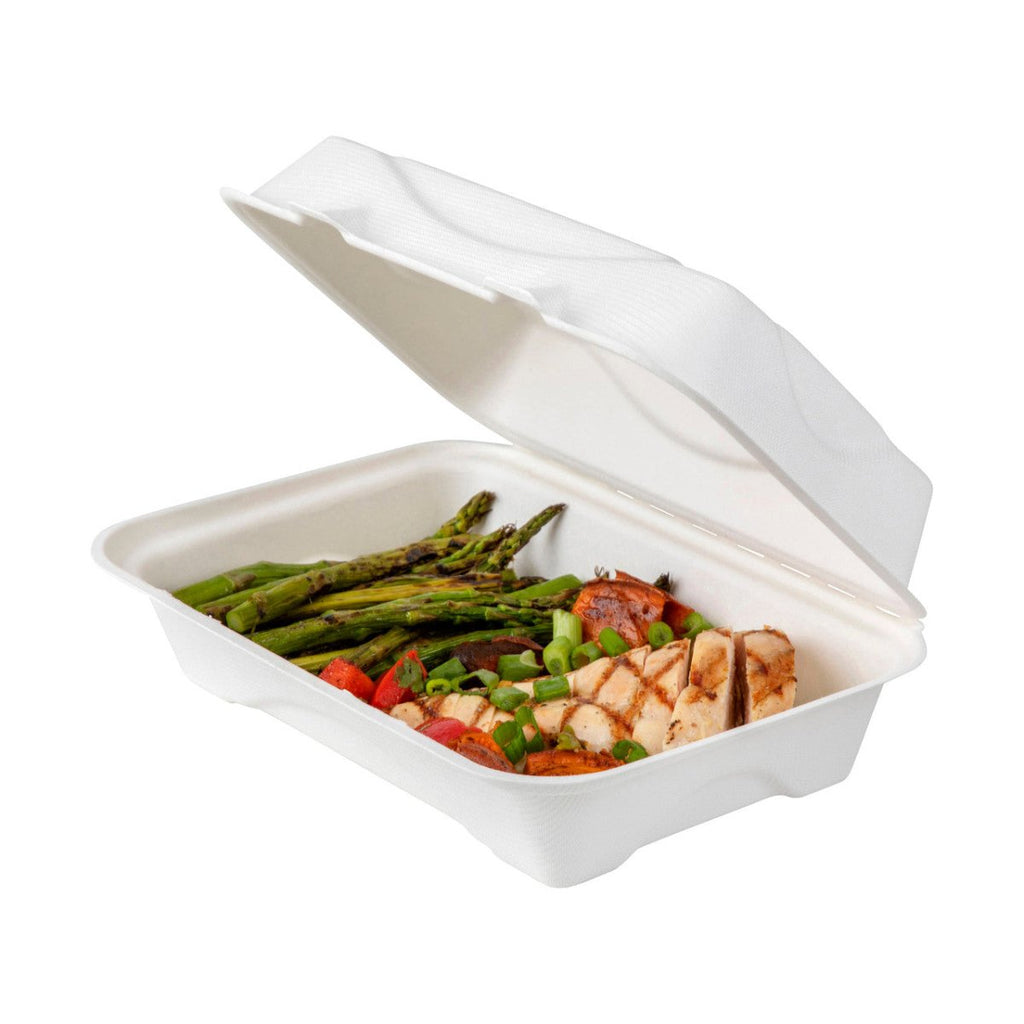 Eco-Products Vanguard Renewable & Compostable Sugarcane 2-Compartment Clamshell, 9 x 6 x 3 in (QTY 250), SKU EP-B002NFA
