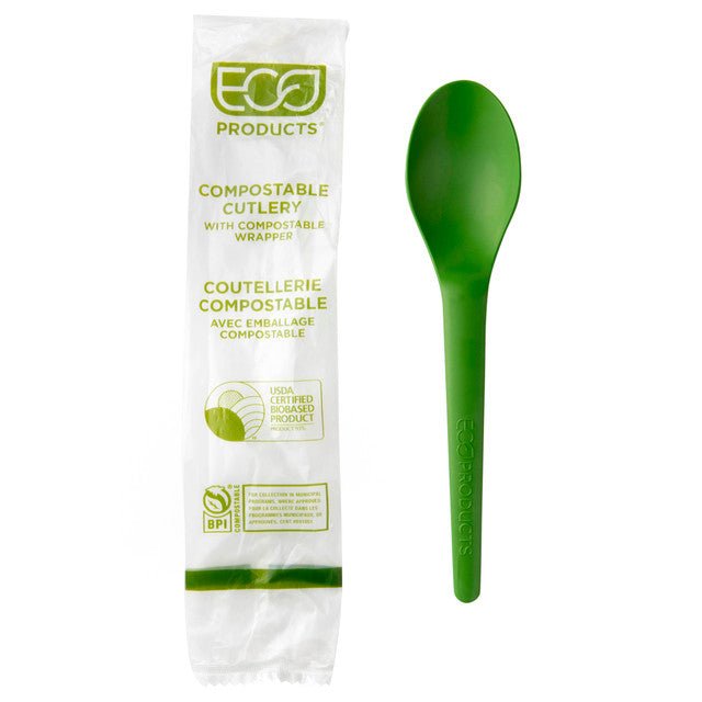 Eco-Products GreenStripe Plantware 6 in PLA Spoon, Individually Wrapped, Compostable (QTY 1000), SKU EP-S013-WGN
