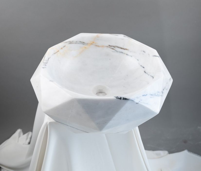 Modern Marble Vessel Sink | Geometric Bathroom Basin 16.5x16.5 USA | Luxury White Stone Sink