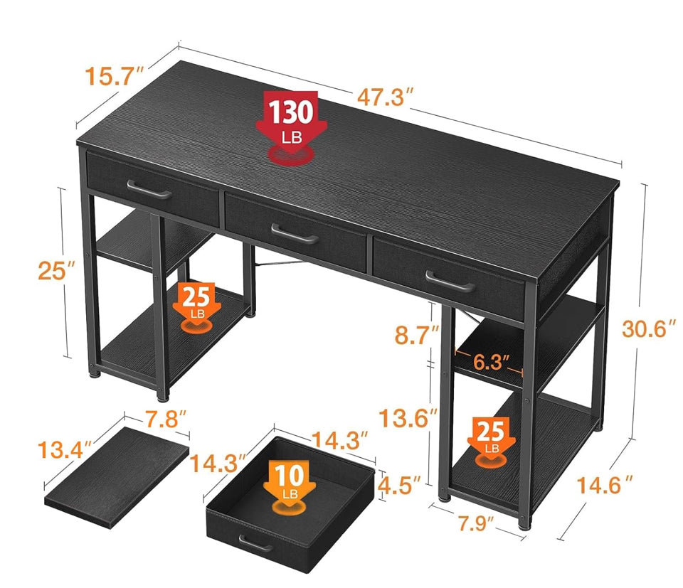 Open Box "ODK Office Small Computer Desk: Home Table with Fabric Drawers & Storage Shelves, Modern Writing Desk, Black, 48""x16"""