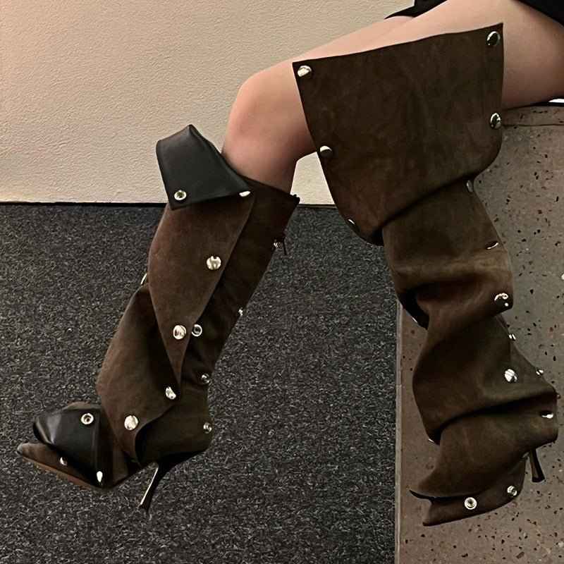 Stud Pleated Cowboy Boots : Pointed Toe High Heels