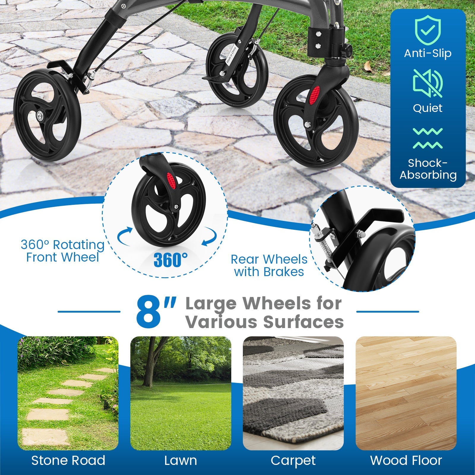 Foldable Rollator Walker with Lightweight Aluminum Frame-Gray