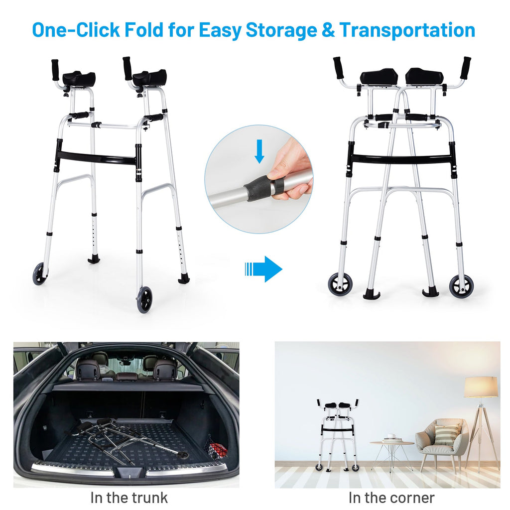 Folding Height Adjustable Walking Frame with Armrest Support-Silver
